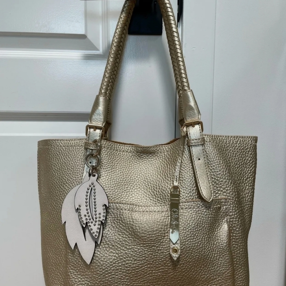 COLE HAAN GOLD Pebbled Leather Braided Handle 2 Way Tote Bag w/Charm